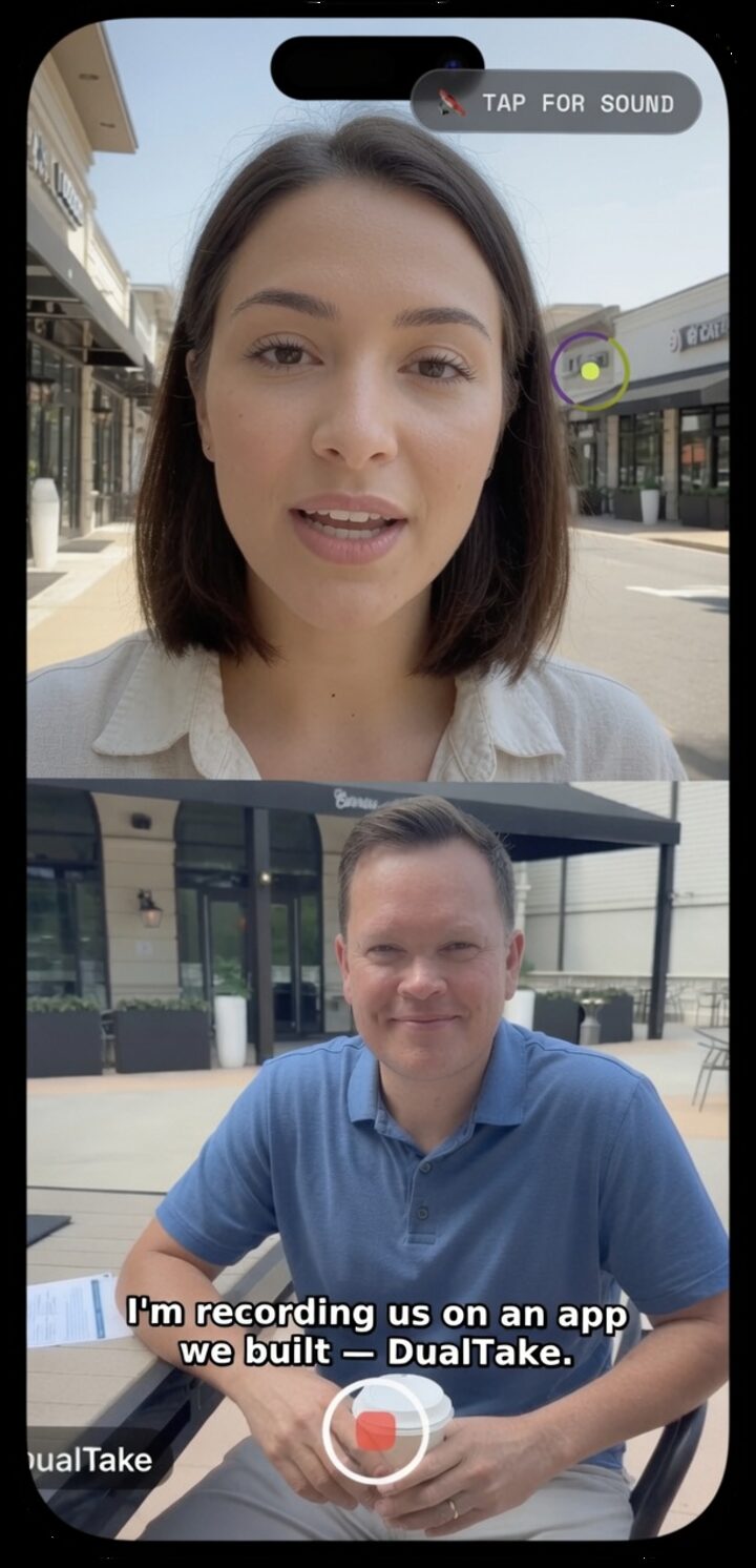 DualTake recording both iPhone cameras at once — two people in one synced top-and-bottom video